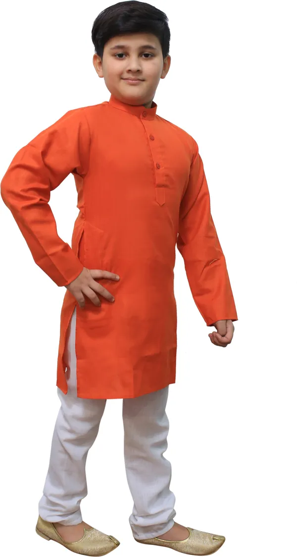 Red_Cotton_Blend_Solid_Full_Sleeve_Mandarin_Collar_Kurta_And_Pyjama_Set_For_Boys