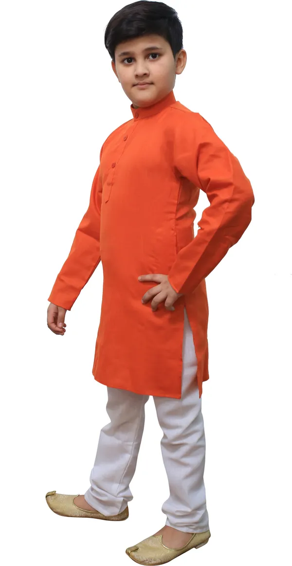 Red_Cotton_Blend_Solid_Full_Sleeve_Mandarin_Collar_Kurta_And_Pyjama_Set_For_Boys