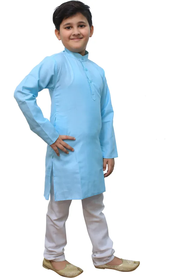 Light_Blue_Cotton_Blend_Solid_Full_Sleeve_Mandarin_Collar_Kurta_And_Pyjama_Set_For_Boys