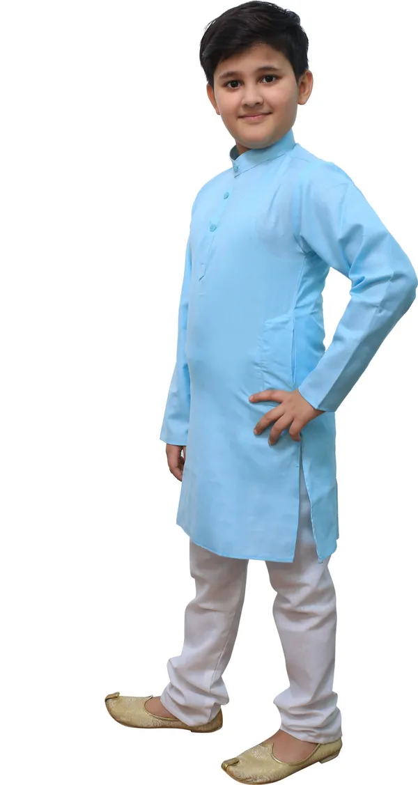 Light_Blue_Cotton_Blend_Solid_Full_Sleeve_Mandarin_Collar_Kurta_And_Pyjama_Set_For_Boys