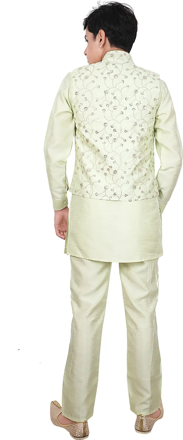 Yellow_Cotton_Blend_Printed_Full_Sleeve_Mandarin_Collar_Kurta,_Waistcoat_And_Pyjama_Set_For_Boys