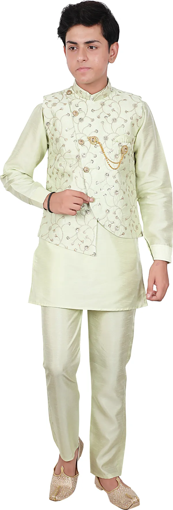 Yellow_Cotton_Blend_Printed_Full_Sleeve_Mandarin_Collar_Kurta,_Waistcoat_And_Pyjama_Set_For_Boys