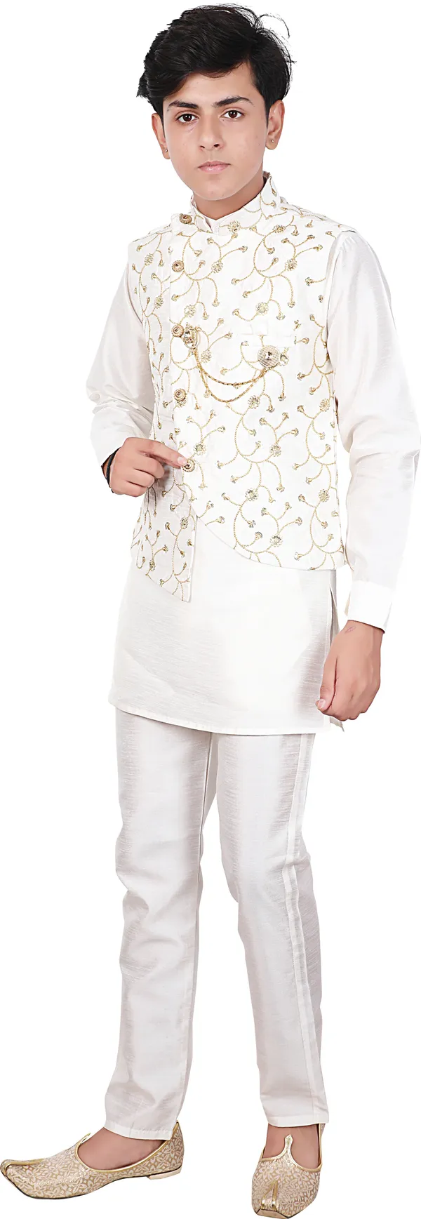 White_Cotton_Blend_Printed_Full_Sleeve_Mandarin_Collar_Kurta,_Waistcoat_And_Pyjama_Set_For_Boys
