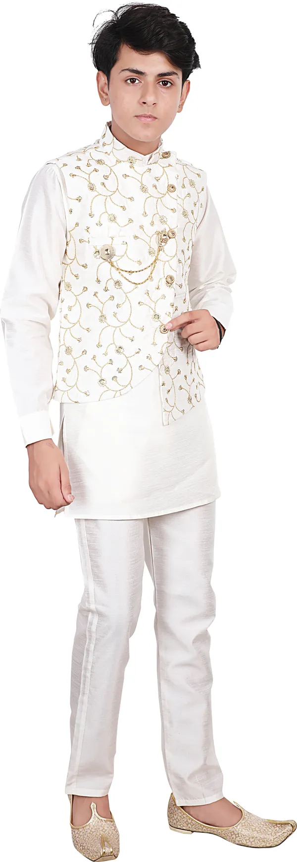 White_Cotton_Blend_Printed_Full_Sleeve_Mandarin_Collar_Kurta,_Waistcoat_And_Pyjama_Set_For_Boys