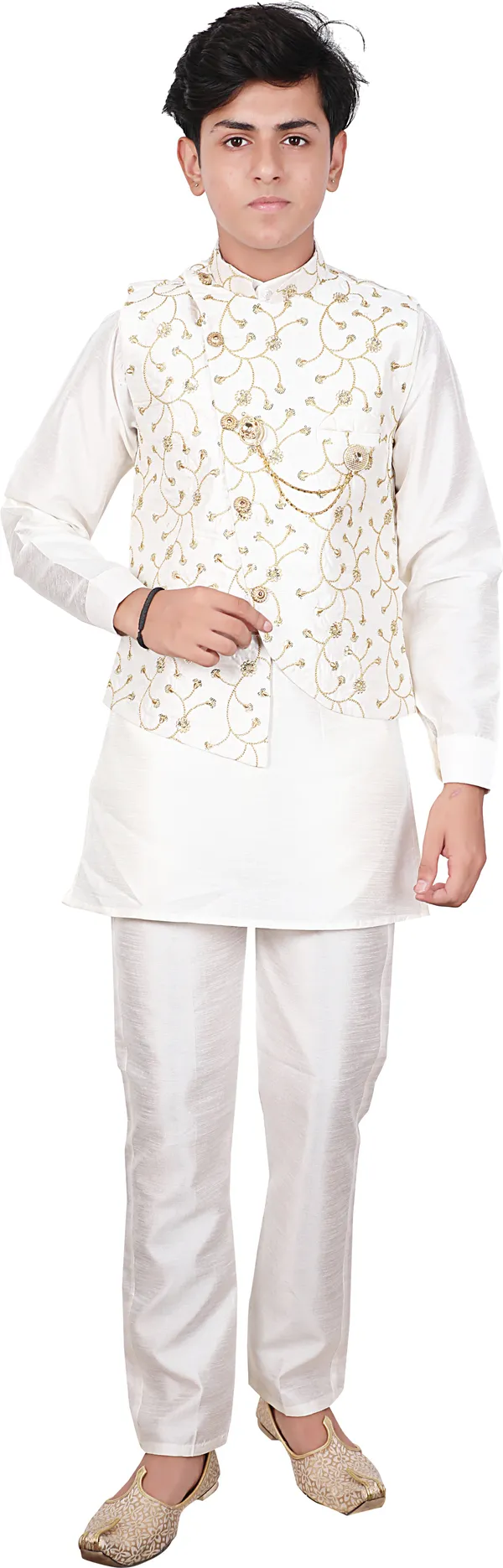 White_Cotton_Blend_Printed_Full_Sleeve_Mandarin_Collar_Kurta,_Waistcoat_And_Pyjama_Set_For_Boys