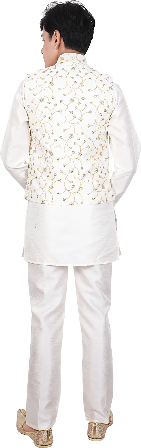 White_Cotton_Blend_Printed_Full_Sleeve_Mandarin_Collar_Kurta,_Waistcoat_And_Pyjama_Set_For_Boys