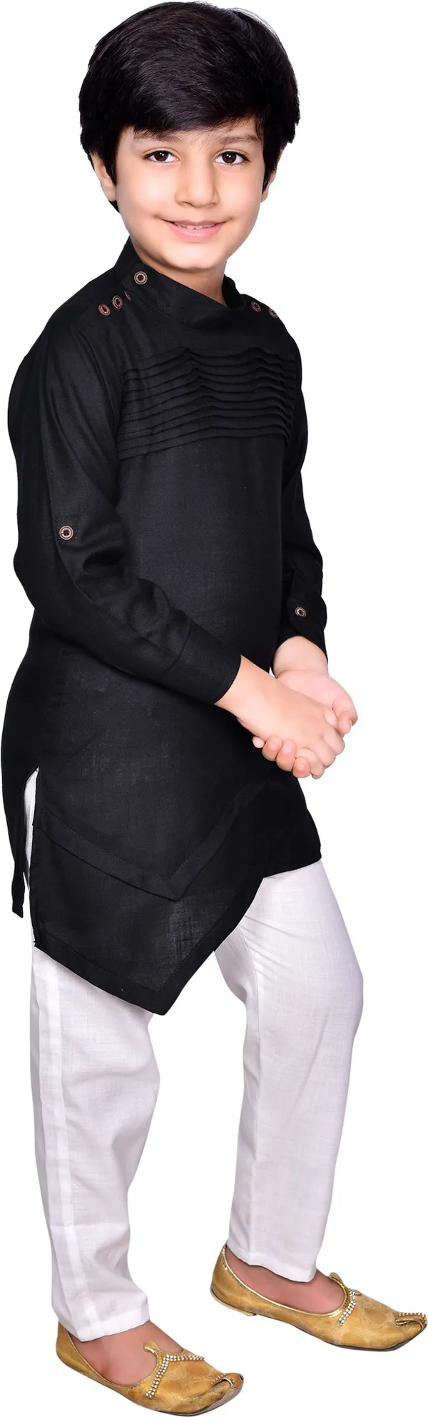 Black_Cotton_Blend_Solid_Full_Sleeve_Mandarin_Collar_Kurta_And_Pyjama_Set_For_Baby_Boys