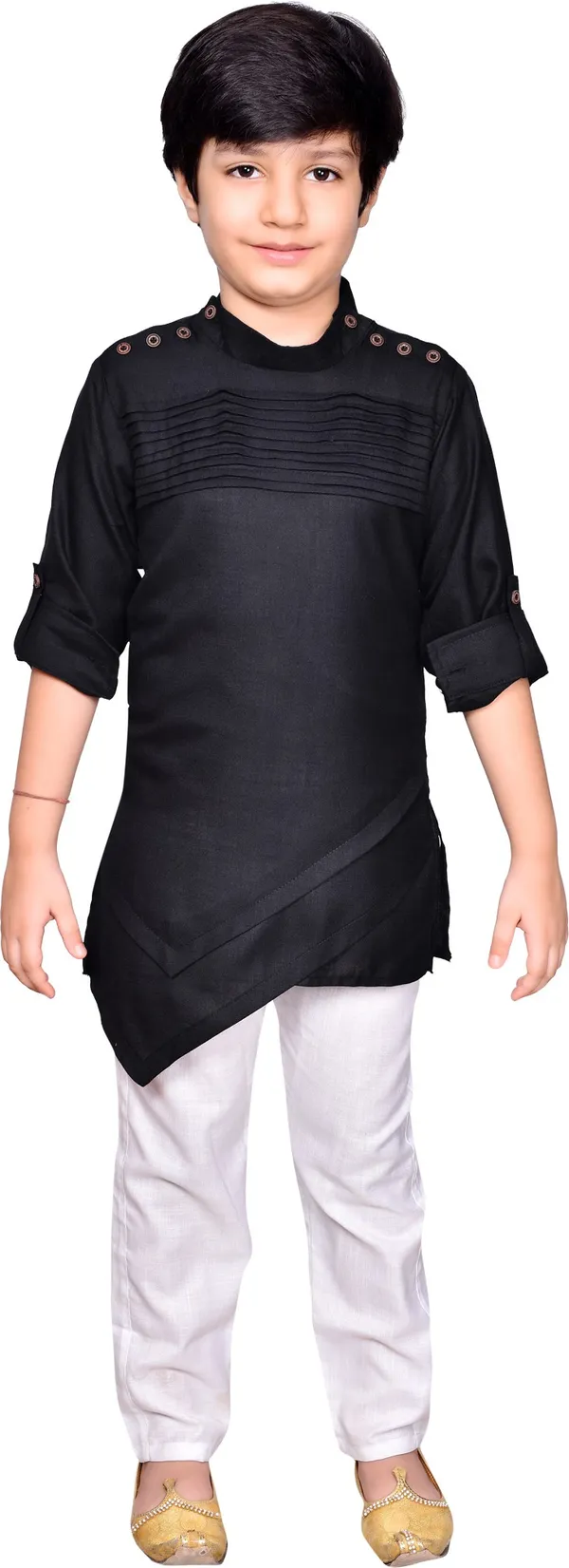 Black_Cotton_Blend_Solid_Full_Sleeve_Mandarin_Collar_Kurta_And_Pyjama_Set_For_Baby_Boys