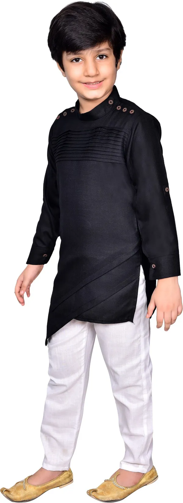 Black_Cotton_Blend_Solid_Full_Sleeve_Mandarin_Collar_Kurta_And_Pyjama_Set_For_Baby_Boys