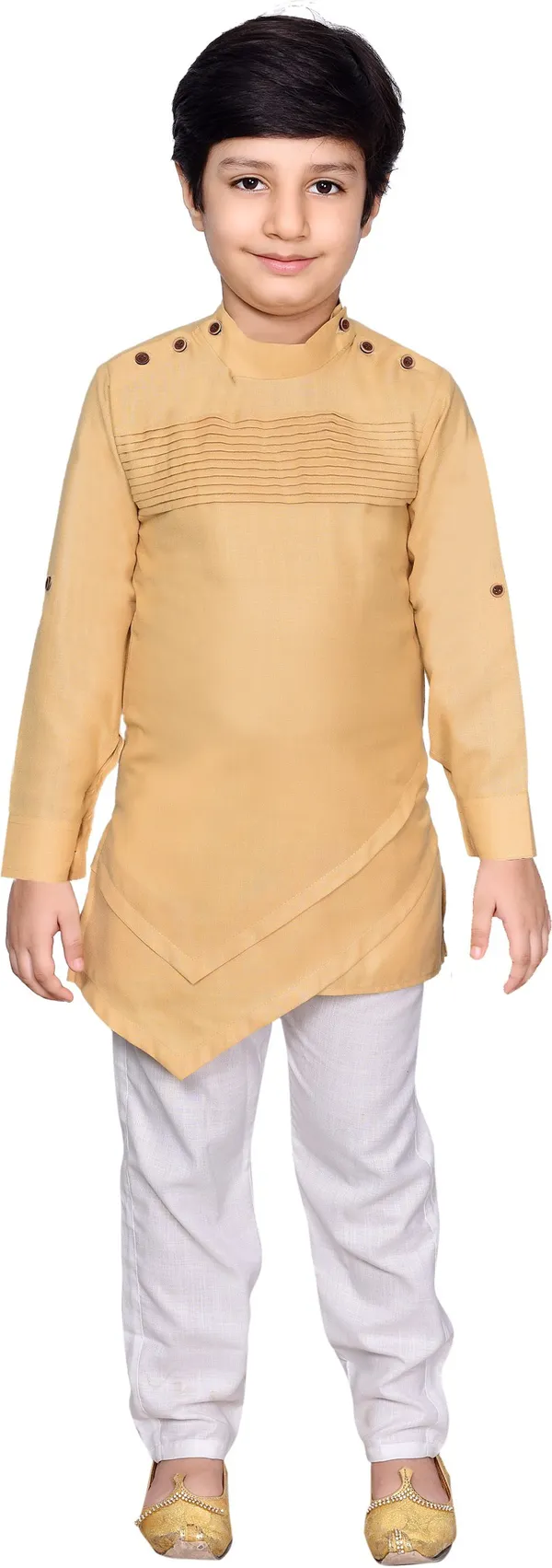 Beige_Cotton_Blend_Solid_Full_Sleeve_Mandarin_Collar_Kurta_And_Pyjama_Set_For_Baby_Boys