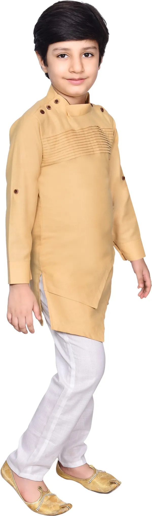 Beige_Cotton_Blend_Solid_Full_Sleeve_Mandarin_Collar_Kurta_And_Pyjama_Set_For_Baby_Boys