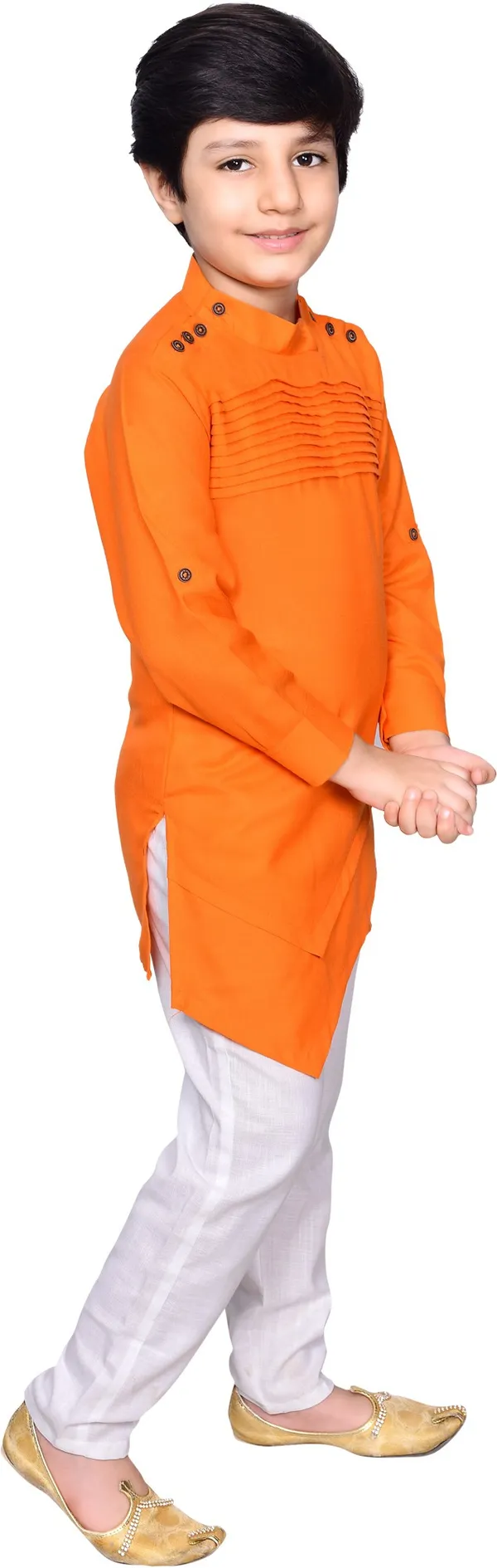 Orange_Cotton_Blend_Solid_Full_Sleeve_Mandarin_Collar_Kurta_And_Pyjama_Set_For_Baby_Boys