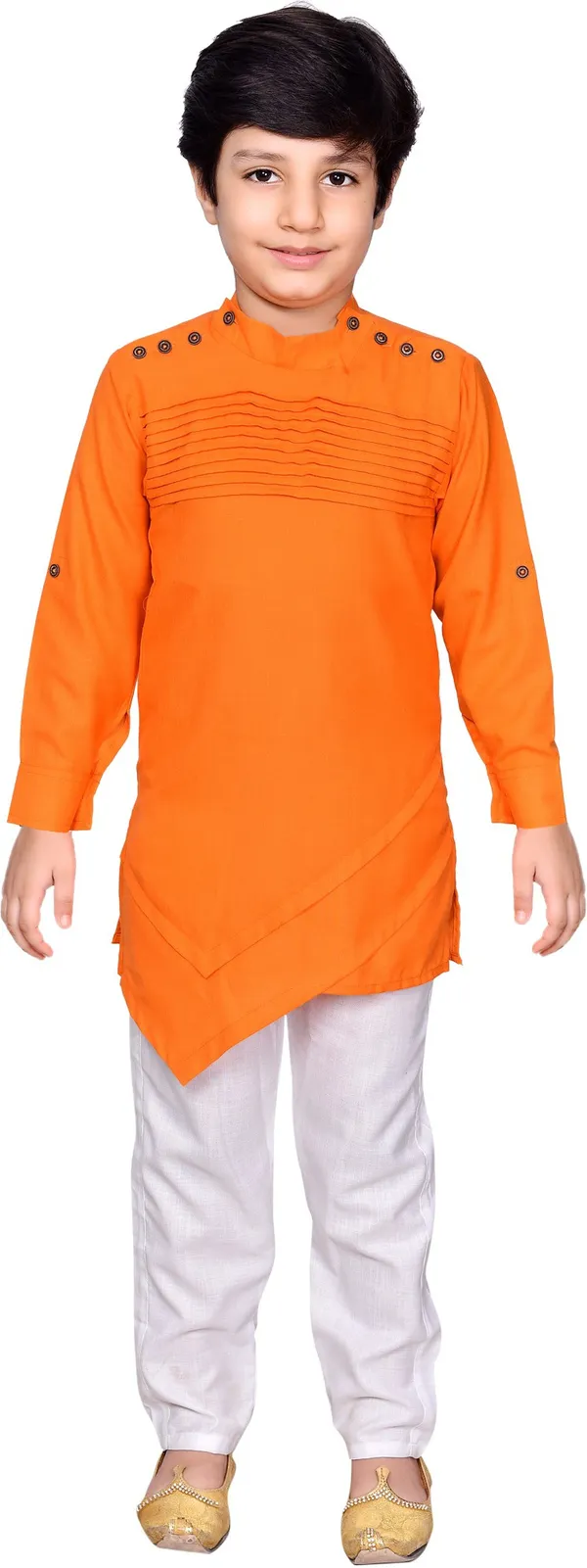 Orange_Cotton_Blend_Solid_Full_Sleeve_Mandarin_Collar_Kurta_And_Pyjama_Set_For_Baby_Boys