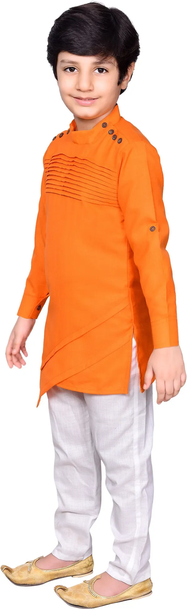 Orange_Cotton_Blend_Solid_Full_Sleeve_Mandarin_Collar_Kurta_And_Pyjama_Set_For_Baby_Boys