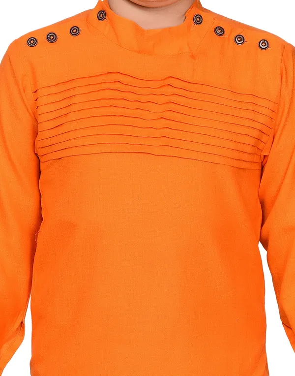Orange_Cotton_Blend_Solid_Full_Sleeve_Mandarin_Collar_Kurta_And_Pyjama_Set_For_Baby_Boys