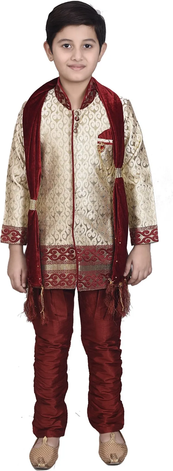 Beige_&_Maroon_Mandarin_Cotton_Blend_Self_Design_Sherwani_Set_For_Boys