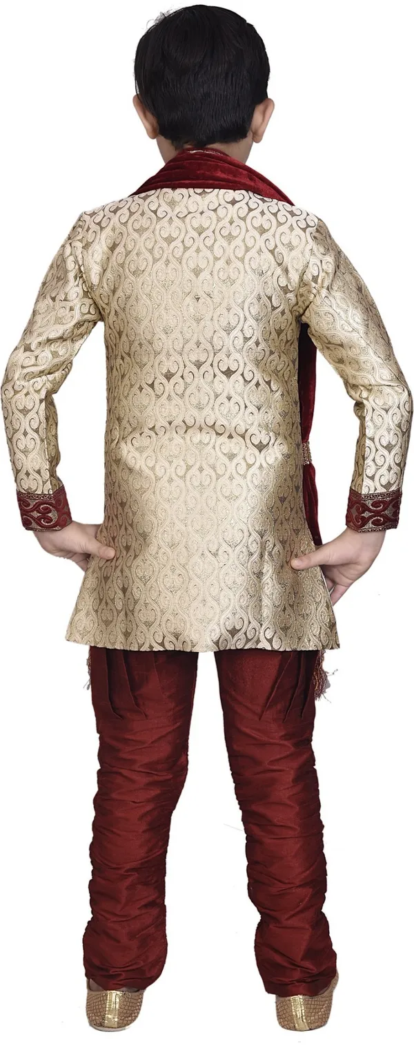 Beige_&_Maroon_Mandarin_Cotton_Blend_Self_Design_Sherwani_Set_For_Boys