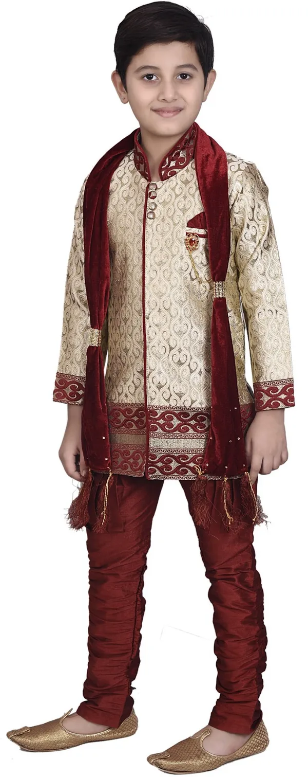 Beige_&_Maroon_Mandarin_Cotton_Blend_Self_Design_Sherwani_Set_For_Boys