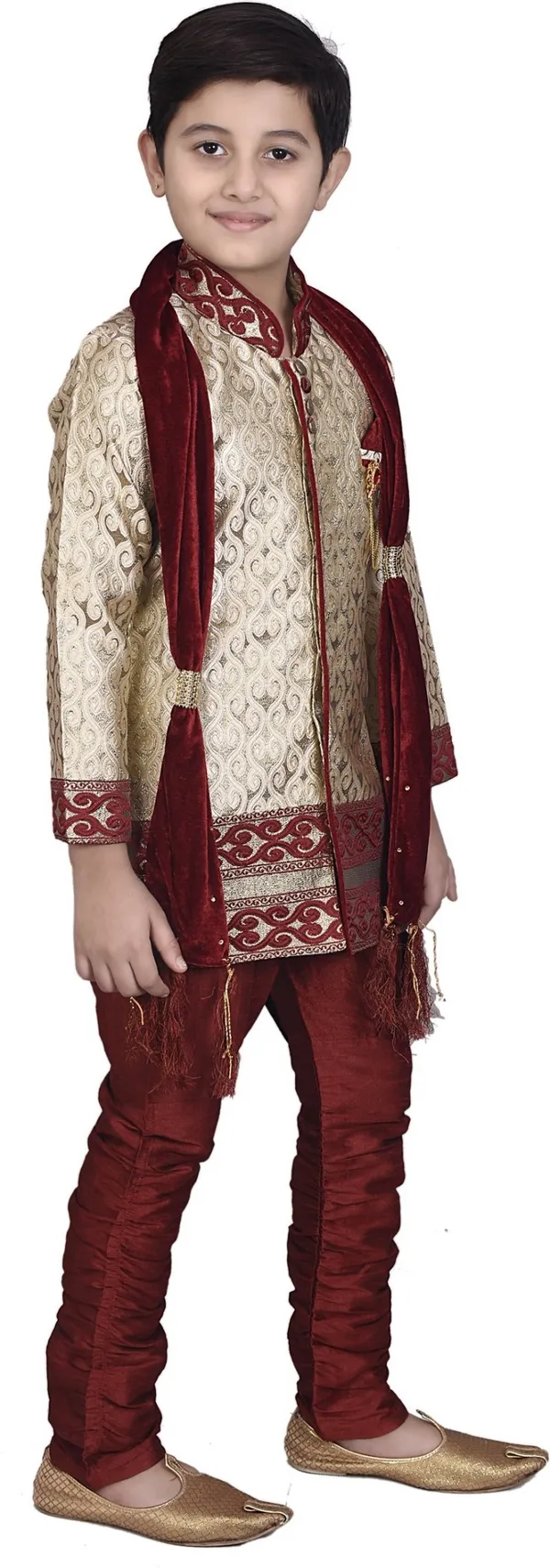 Beige_&_Maroon_Mandarin_Cotton_Blend_Self_Design_Sherwani_Set_For_Boys