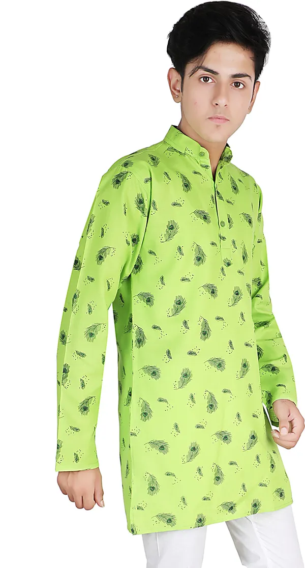 Light_Green_&_Dark_Green_Pure_Cotton_Straight_Printed_Full_Sleeve_Regular_Kurta_For_Boys