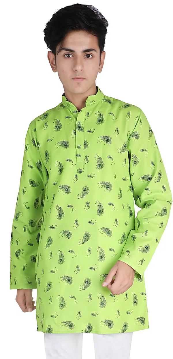 Light_Green_&_Dark_Green_Pure_Cotton_Straight_Printed_Full_Sleeve_Regular_Kurta_For_Boys