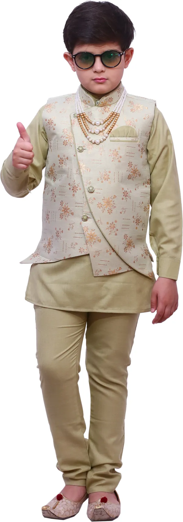 Green_Cotton_Blend_Floral_Print_Full_Sleeve_Mandarin_Collar_Kurta,_Waistcoat_And_Pyjama_Set_For_Boys