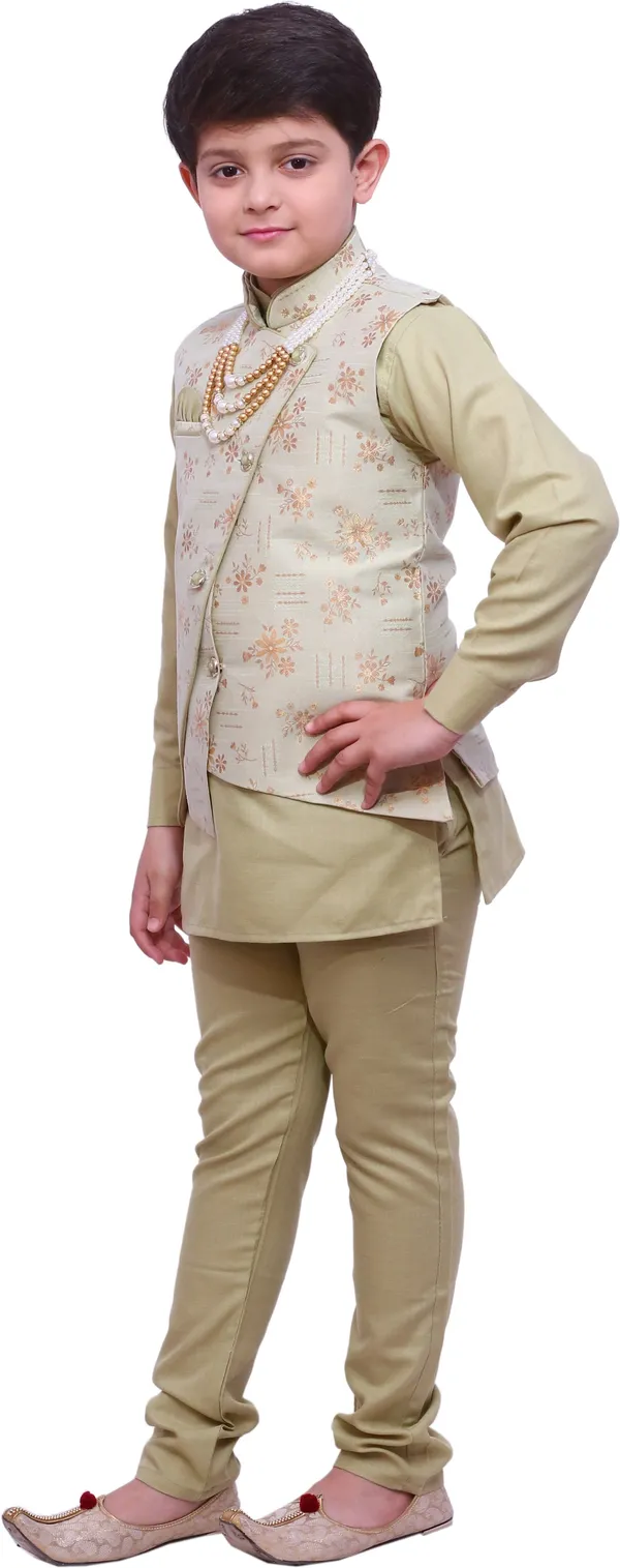 Green_Cotton_Blend_Floral_Print_Full_Sleeve_Mandarin_Collar_Kurta,_Waistcoat_And_Pyjama_Set_For_Boys