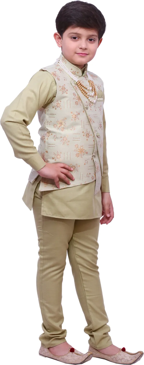 Green_Cotton_Blend_Floral_Print_Full_Sleeve_Mandarin_Collar_Kurta,_Waistcoat_And_Pyjama_Set_For_Boys