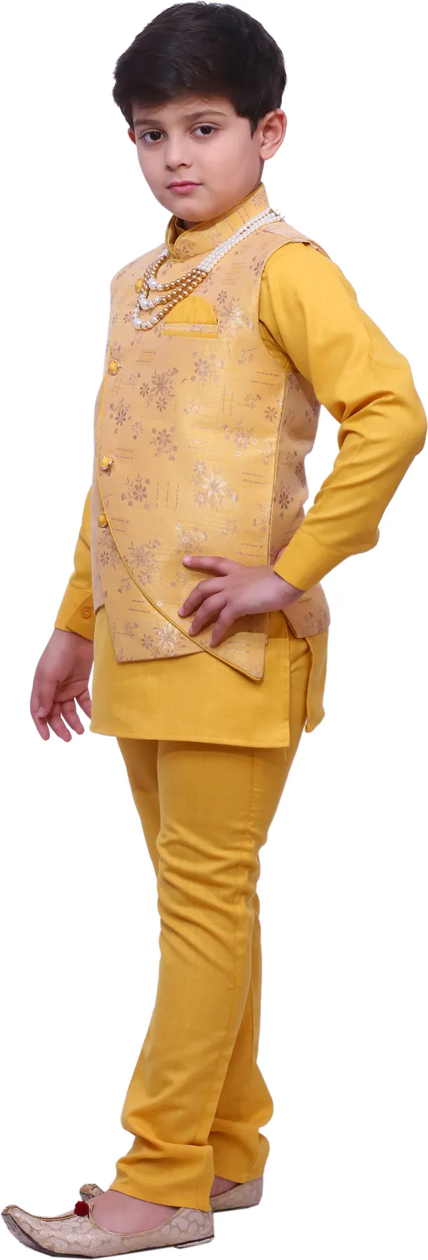 Yellow_Cotton_Blend_Floral_Print_Full_Sleeve_Mandarin_Collar_Kurta,_Waistcoat_And_Pyjama_Set_For_Boys