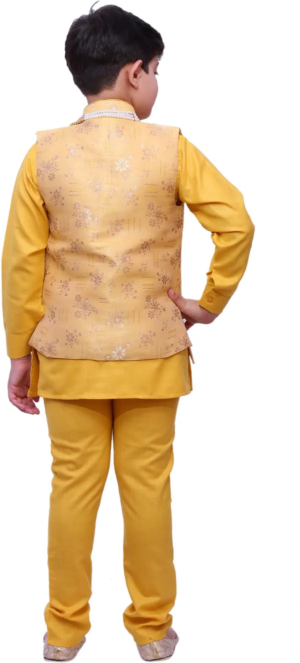 Yellow_Cotton_Blend_Floral_Print_Full_Sleeve_Mandarin_Collar_Kurta,_Waistcoat_And_Pyjama_Set_For_Boys