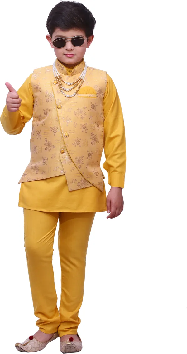 Yellow_Cotton_Blend_Floral_Print_Full_Sleeve_Mandarin_Collar_Kurta,_Waistcoat_And_Pyjama_Set_For_Boys