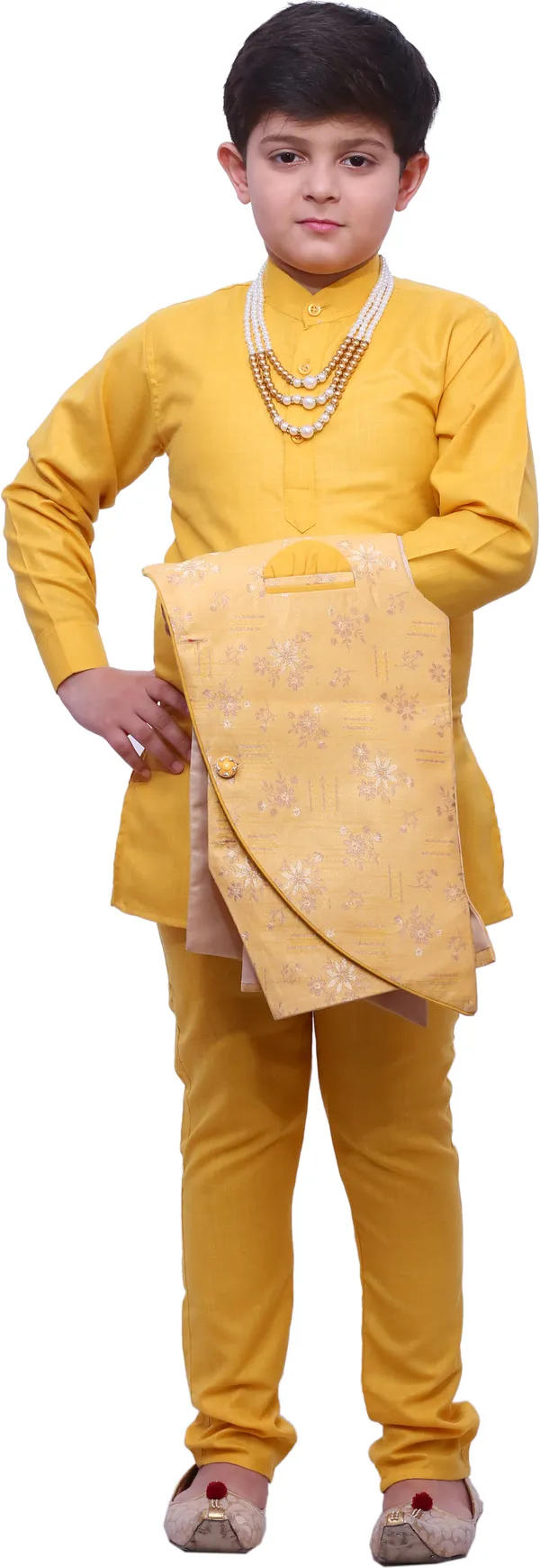 Yellow_Cotton_Blend_Floral_Print_Full_Sleeve_Mandarin_Collar_Kurta,_Waistcoat_And_Pyjama_Set_For_Boys