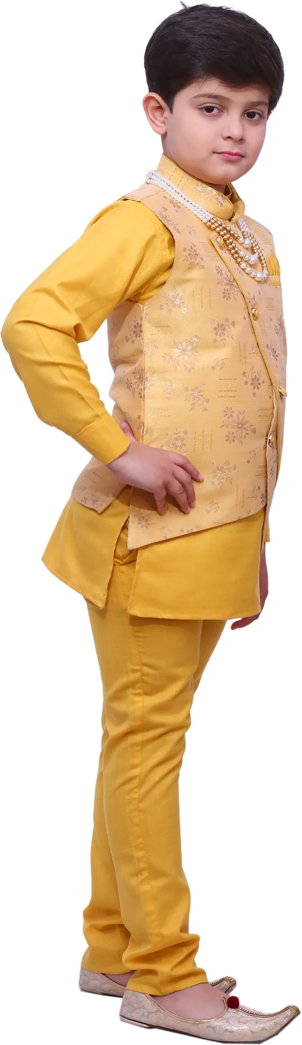 Yellow_Cotton_Blend_Floral_Print_Full_Sleeve_Mandarin_Collar_Kurta,_Waistcoat_And_Pyjama_Set_For_Boys