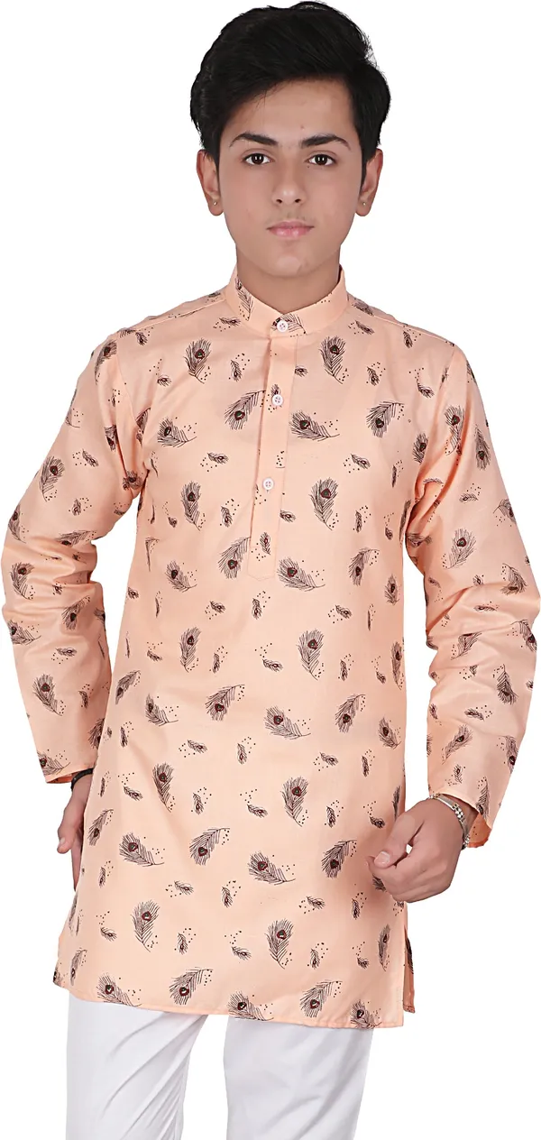 Beige_Pure_Cotton_Straight_Printed_Full_Sleeve_Regular_Kurta_For_Boys