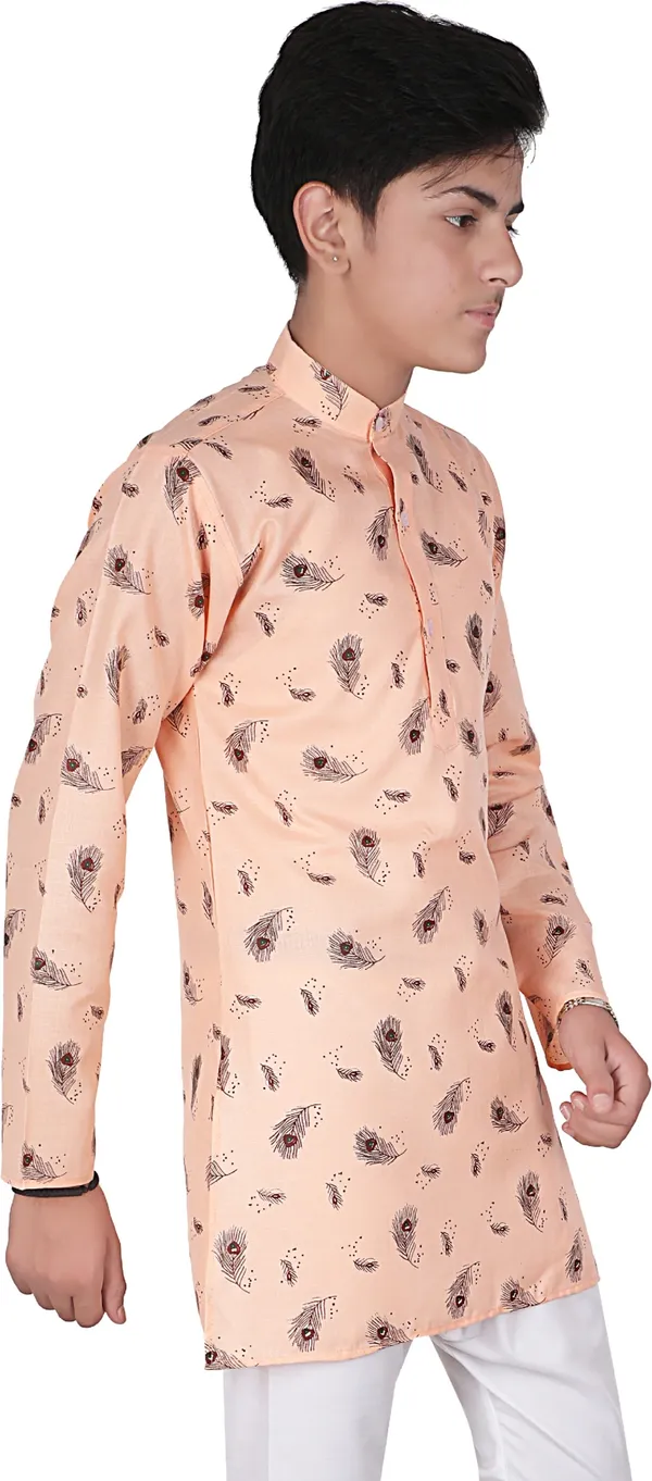 Beige_Pure_Cotton_Straight_Printed_Full_Sleeve_Regular_Kurta_For_Boys