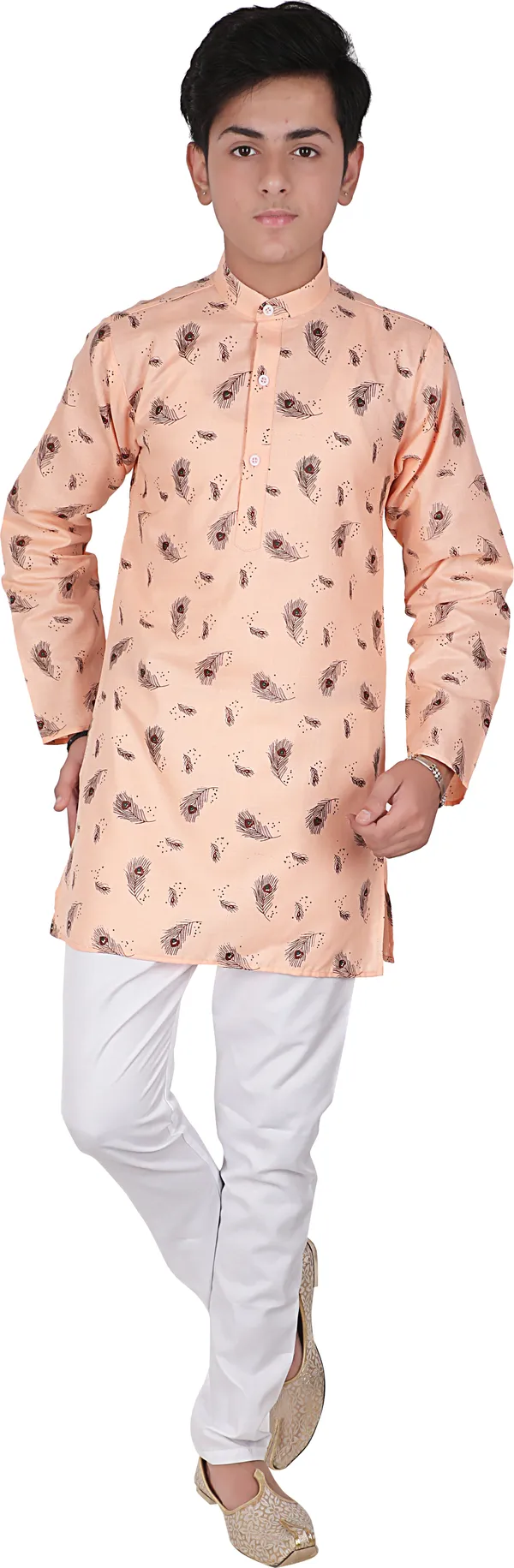 White_Cotton_Blend_Printed_Full_Sleeve_Mandarin_Collar_Kurta_And_Pyjama_Set_For_Boys