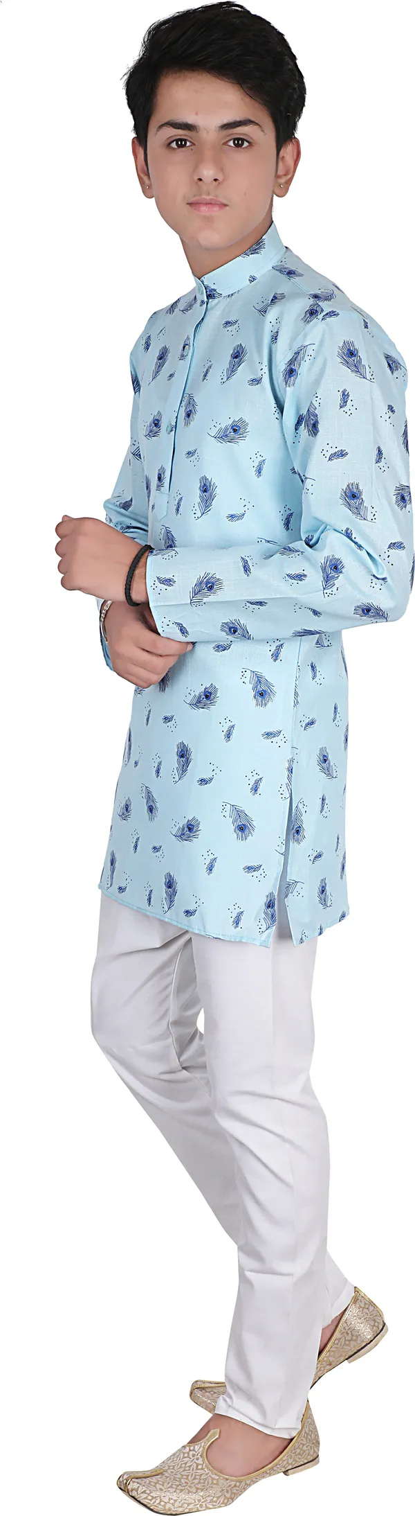 Light_Blue_Cotton_Blend_Printed_Full_Sleeve_Mandarin_Collar_Kurta_And_Pyjama_Set_For_Boys