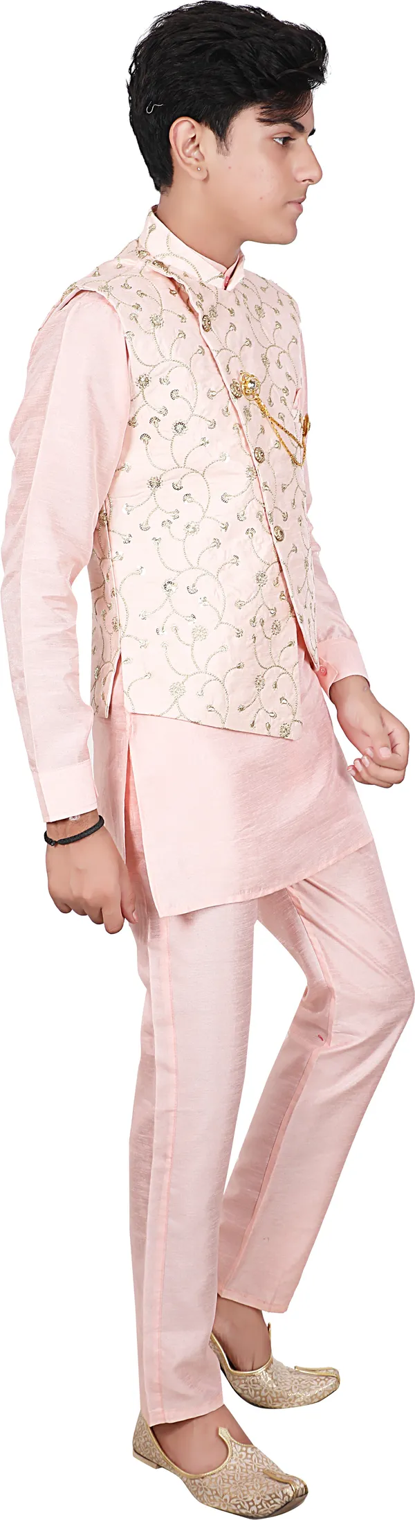 Pink_Cotton_Blend_Printed_Full_Sleeve_Mandarin_Collar_Kurta,_Waistcoat_And_Pyjama_Set_For_Boys