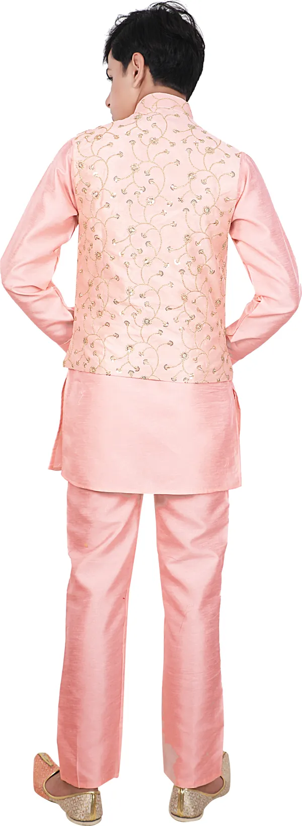 Pink_Cotton_Blend_Printed_Full_Sleeve_Mandarin_Collar_Kurta,_Waistcoat_And_Pyjama_Set_For_Boys