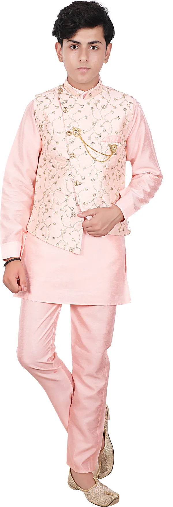 Pink_Cotton_Blend_Printed_Full_Sleeve_Mandarin_Collar_Kurta,_Waistcoat_And_Pyjama_Set_For_Boys