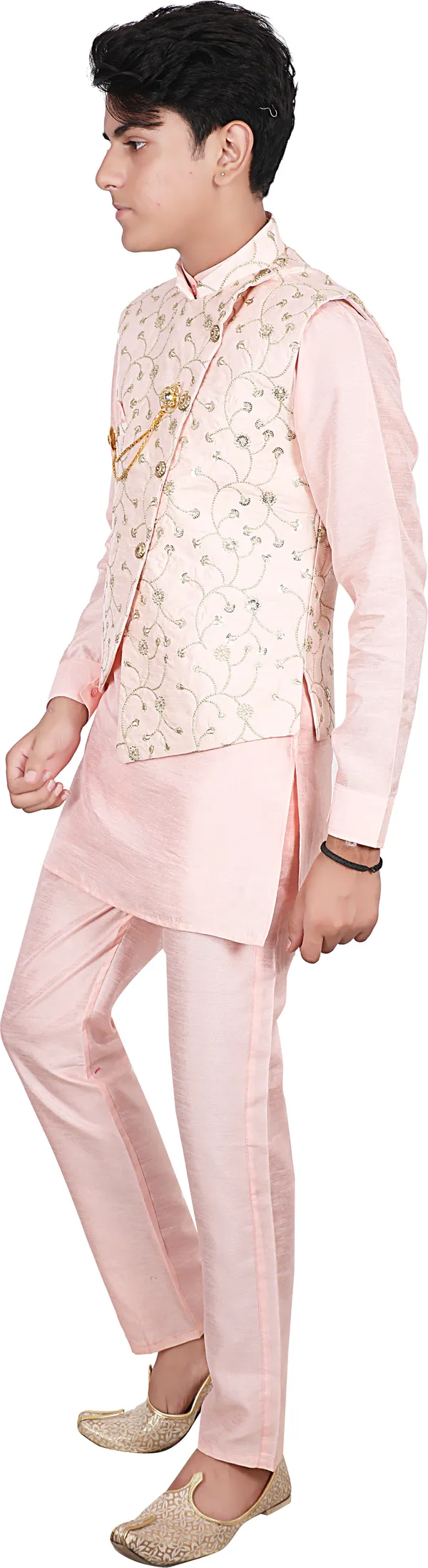 Pink_Cotton_Blend_Printed_Full_Sleeve_Mandarin_Collar_Kurta,_Waistcoat_And_Pyjama_Set_For_Boys