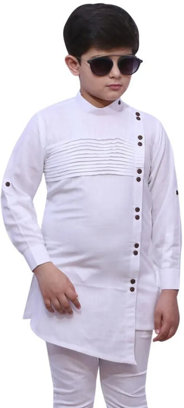 White_Cotton_Blend_Straight_Solid_Full_Sleeve_Regular_Fit_Kurta_For_Boys