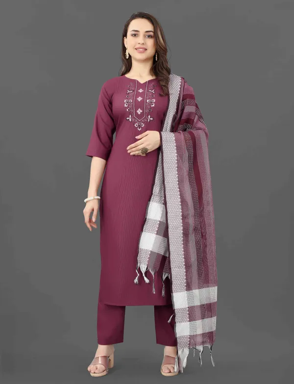 Purple_Women's_Casual_Cotton_Round_Neck_3/4_Sleeves_Sulb_Embroidered_Work_Kurti_with_Matching_Pant_&_Embroidered_Dupatta_Set