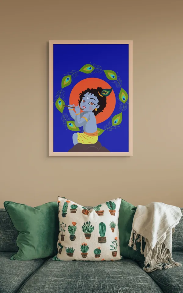 Wooden_Framed_Bal_Krishna_Fibre_Art_|_For_Home_&_Office_Decor