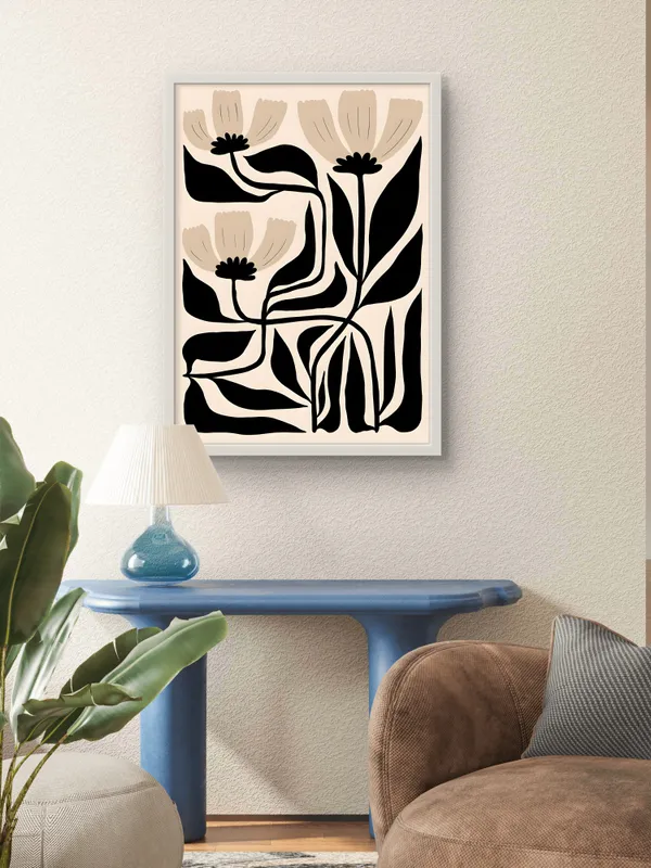 White_Framed_Black_Leaves_Canvas_Fibre_Art_|_For_Home_&_Office_Decor