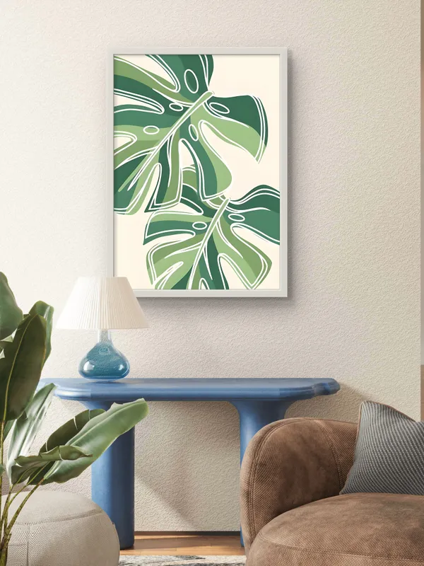 White_Framed_Big_Monstera_Leaves_Fibre_Art_|_For_Home_&_Office_Decor