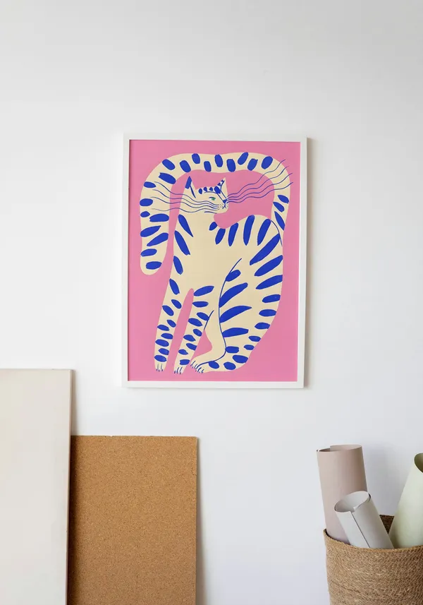 White_Framed_Pink_Attitute_Cat_Fibre_Art_|_For_Home_&_Office_Decor