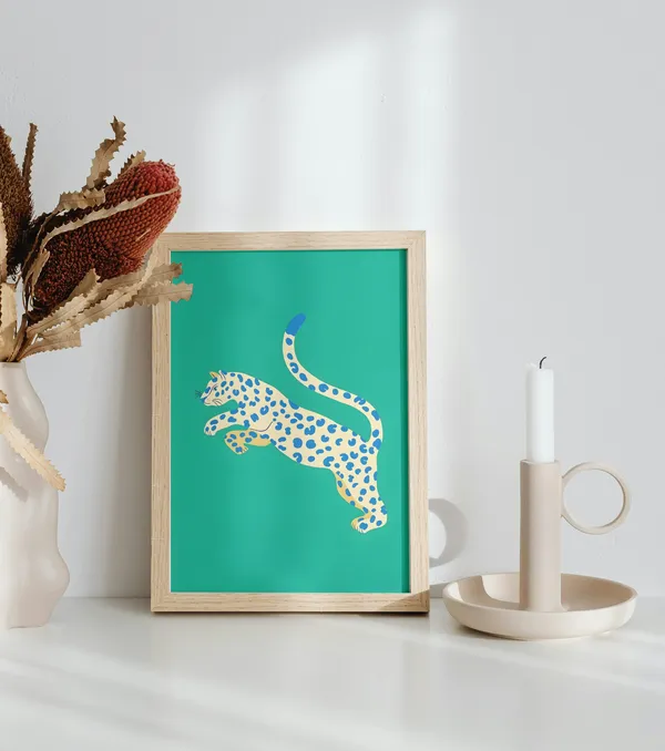 Wooden_Framed_Teal_Leopard_Fibre_Art_|_For_Home_&_Office_Decor