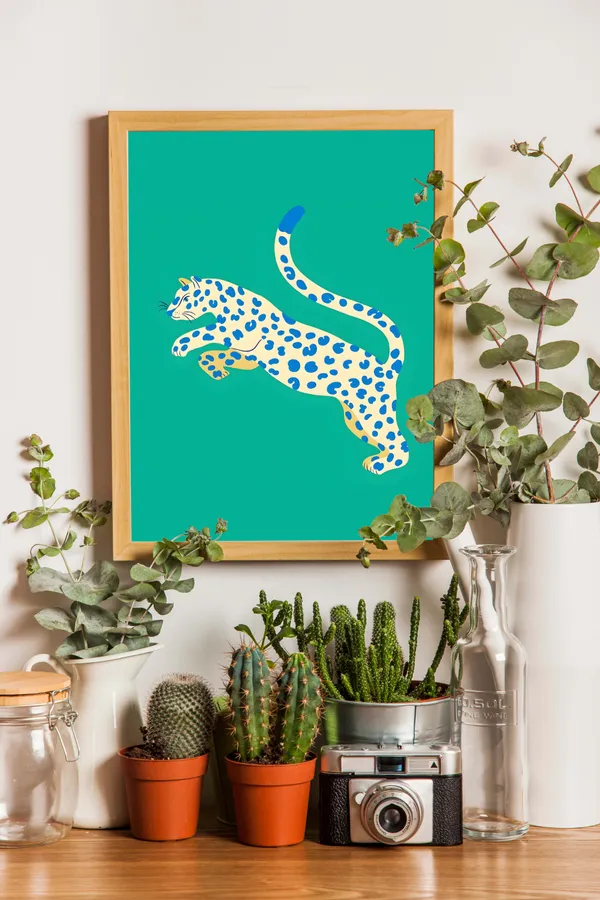 Wooden_Framed_Teal_Leopard_Fibre_Art_|_For_Home_&_Office_Decor