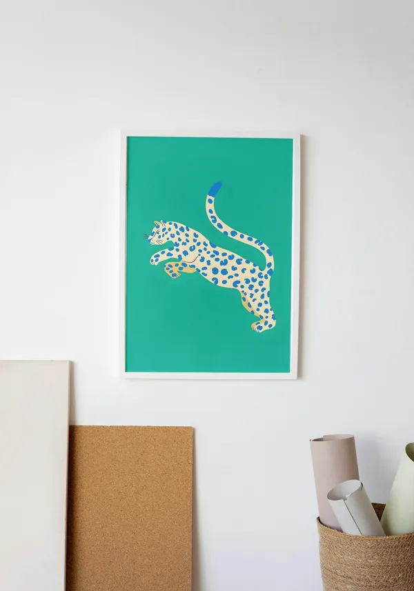 White_Framed_Teal_Leopard_Fibre_Art_|_For_Home_&_Office_Decor